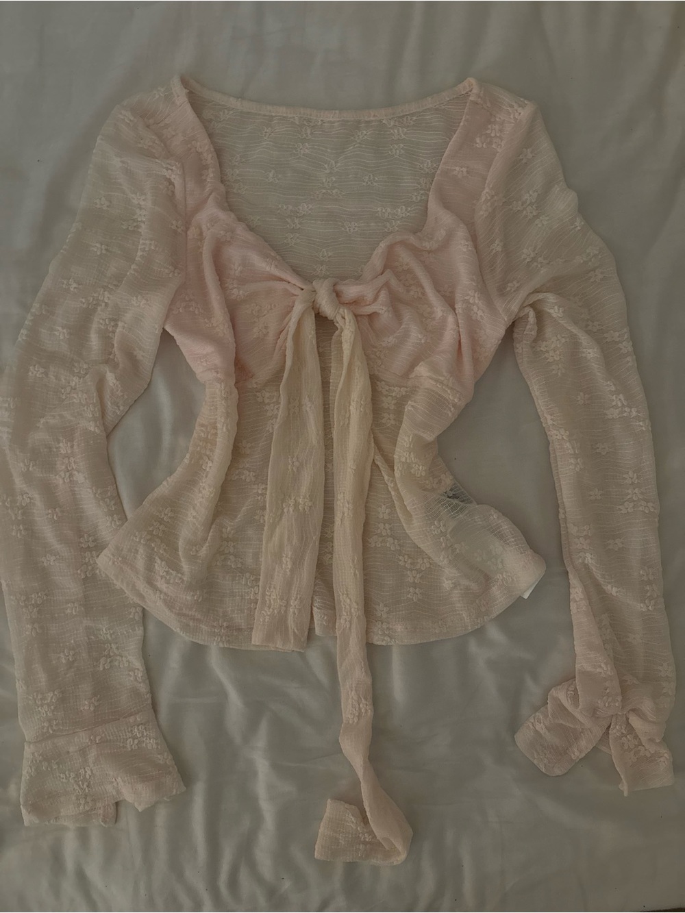 SHEIN Light Pink Sheer Tie-Front Lace Blouse